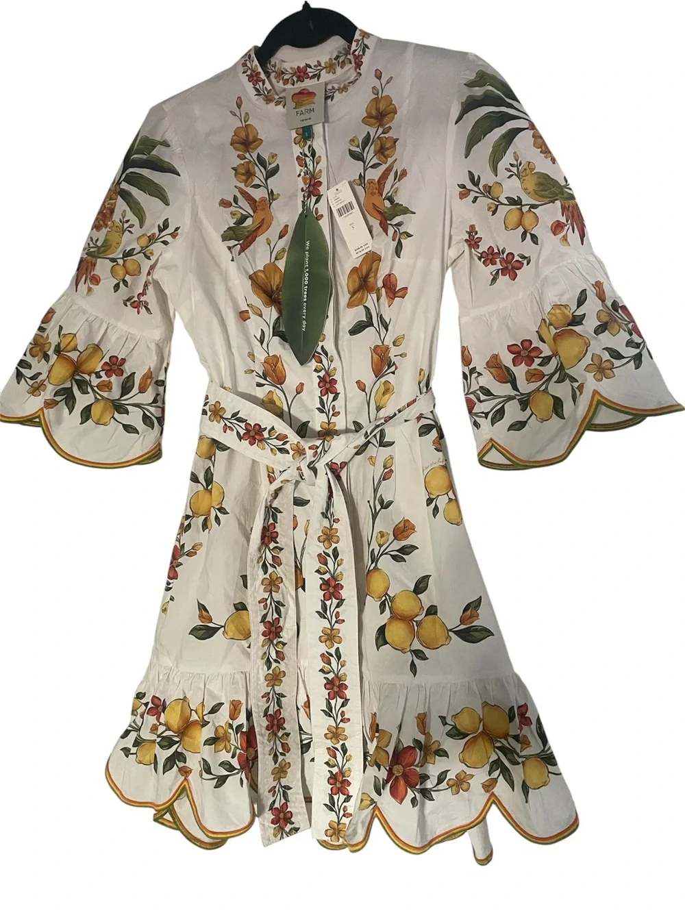 Anthropologie FARM Rio White Lemon & Green Leaf Tie-Waist Mini Dress - Picture 1 of 3